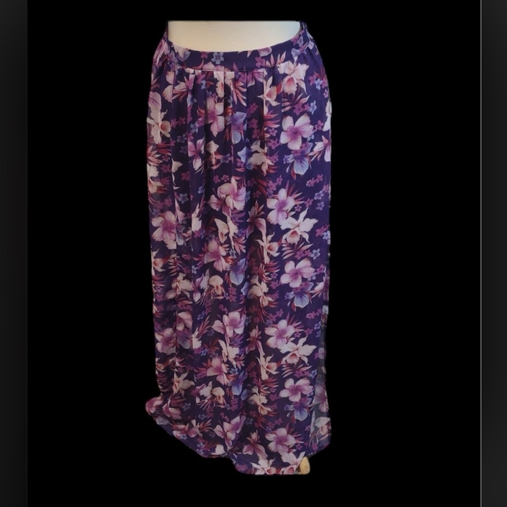 3/$21 Forever 21 purple floral sheer maxi skirt with mini skirt liner size med